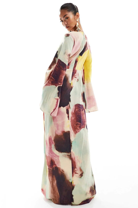 Ultra-Long Dress with Abstract Watercolor Design