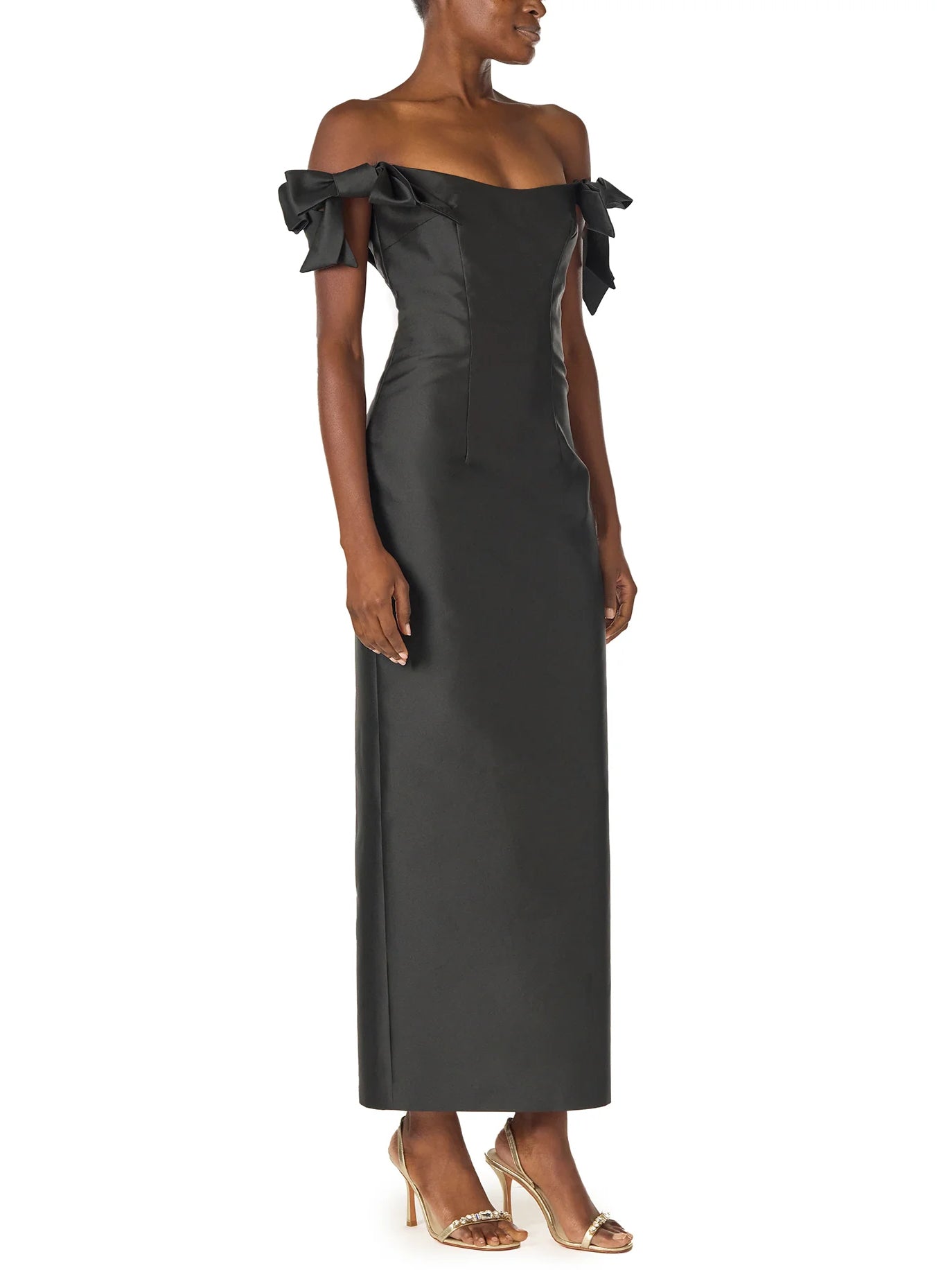 Off-Shoulder Midi Dress with Bow Sleeves – Chic and Feminine Sophistication