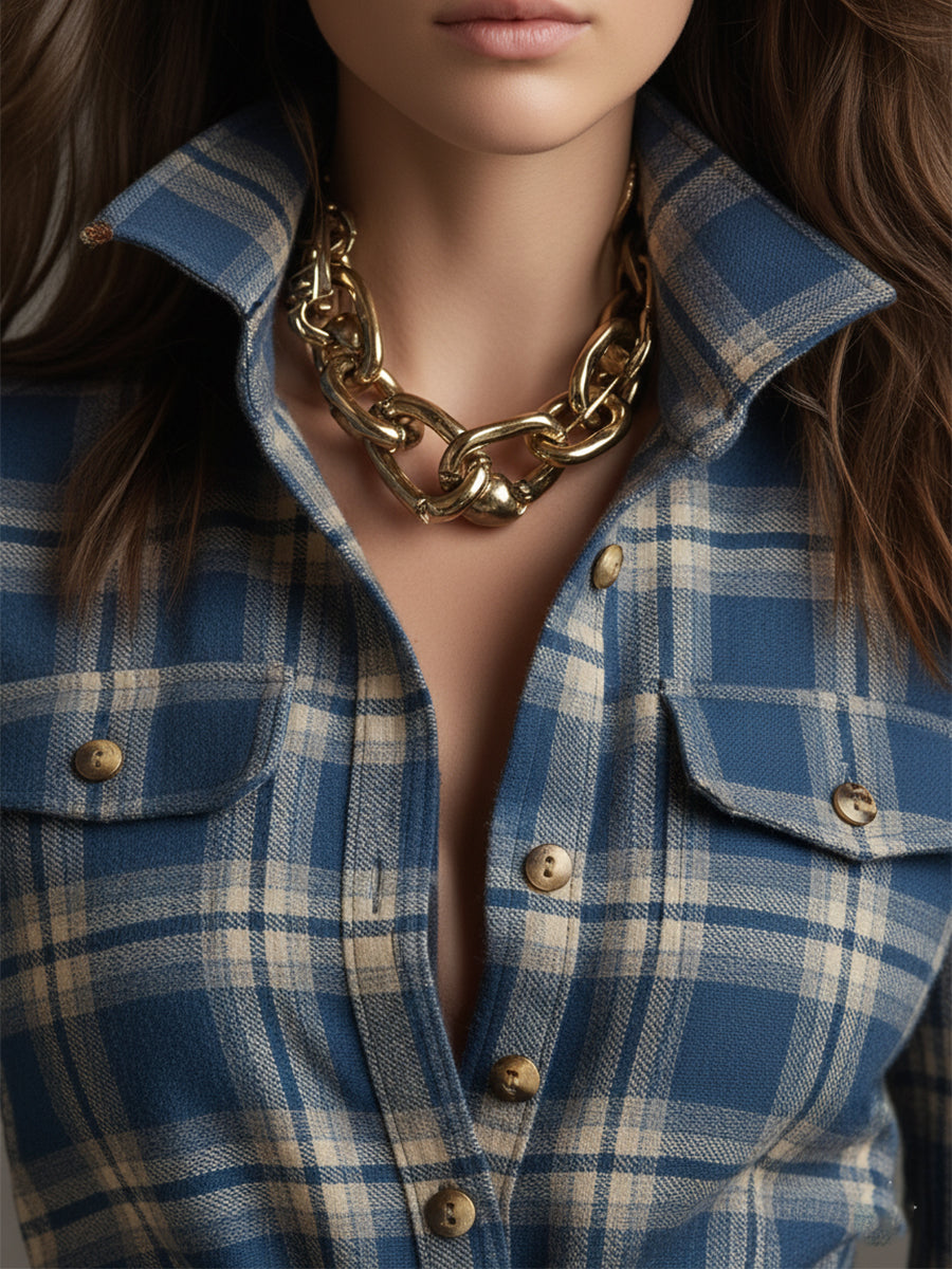 Vintage-Inspired Reddish Brown Plaid Maxi Dress with Lapel