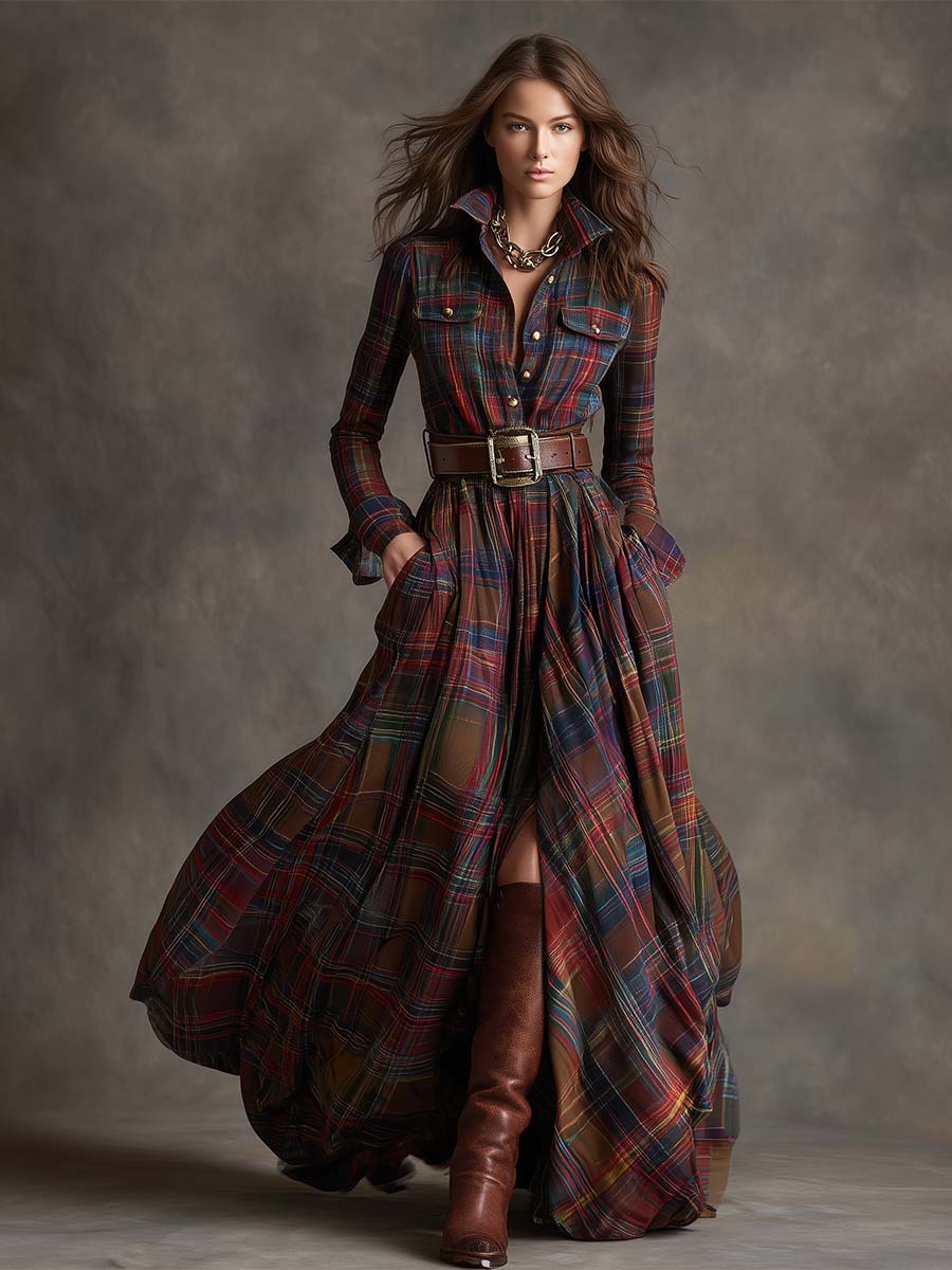 Vintage-Inspired Reddish Brown Plaid Maxi Dress with Lapel