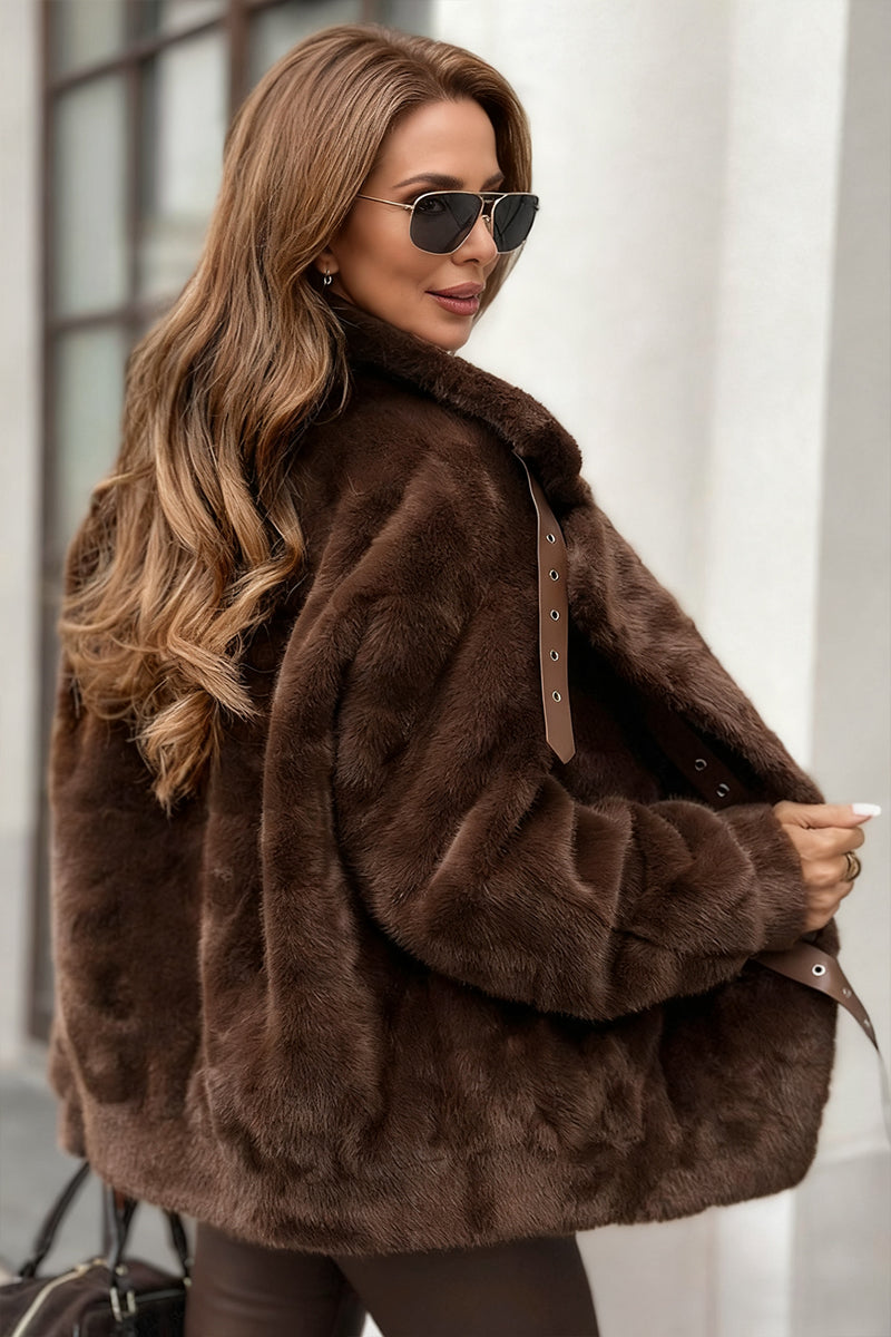 Women's Plush Leather Button-Up Casual Coat with Lapel