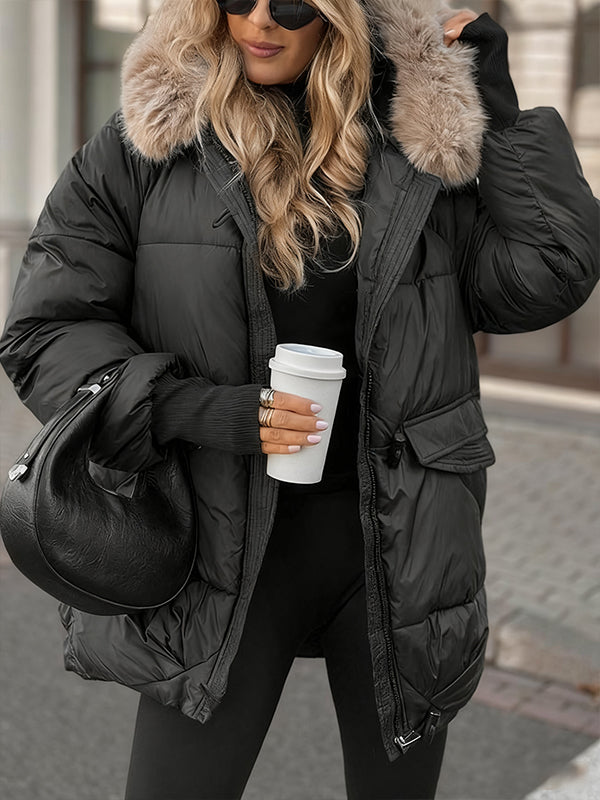Women's Casual Cotton Jacket with Fur Collar and Hat
