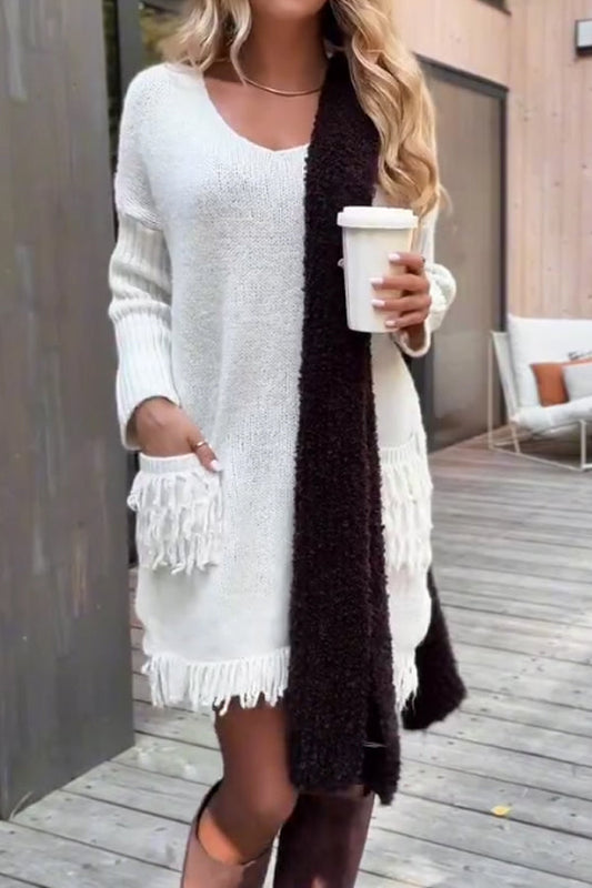 Casual Women's Sweater Dress with Tassel Pockets and Paneled Sleeves