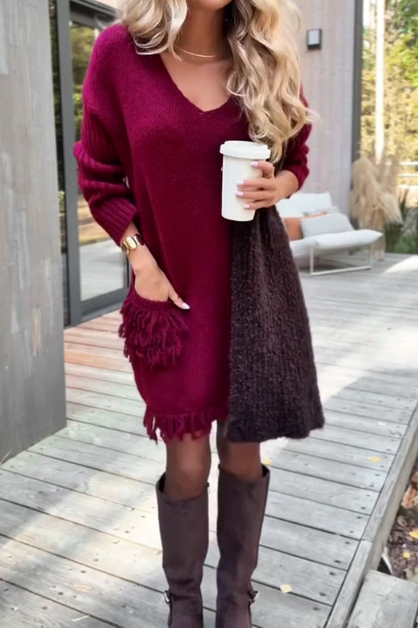 Casual Women's Sweater Dress with Tassel Pockets and Paneled Sleeves