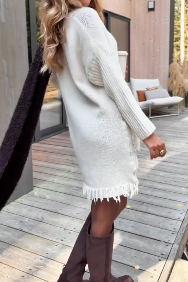 Casual Women's Sweater Dress with Tassel Pockets and Paneled Sleeves