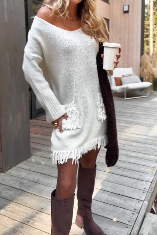 Casual Women's Sweater Dress with Tassel Pockets and Paneled Sleeves