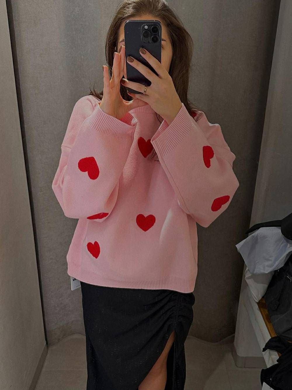 Cozy Heart Pattern Knit Sweatshirt