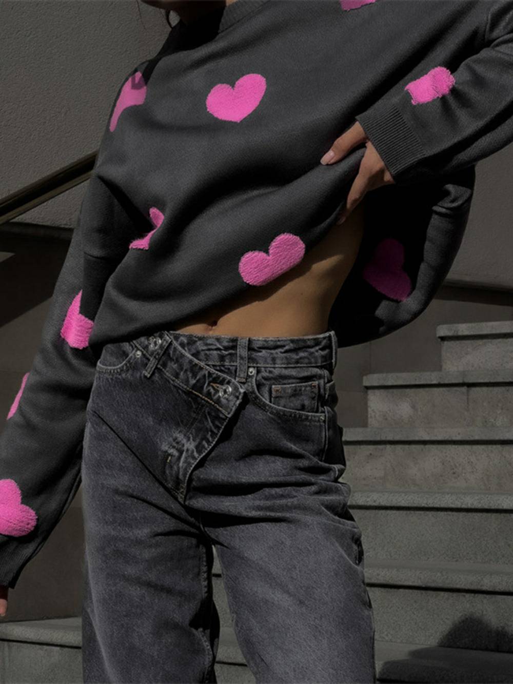 Cozy Heart Pattern Knit Sweatshirt