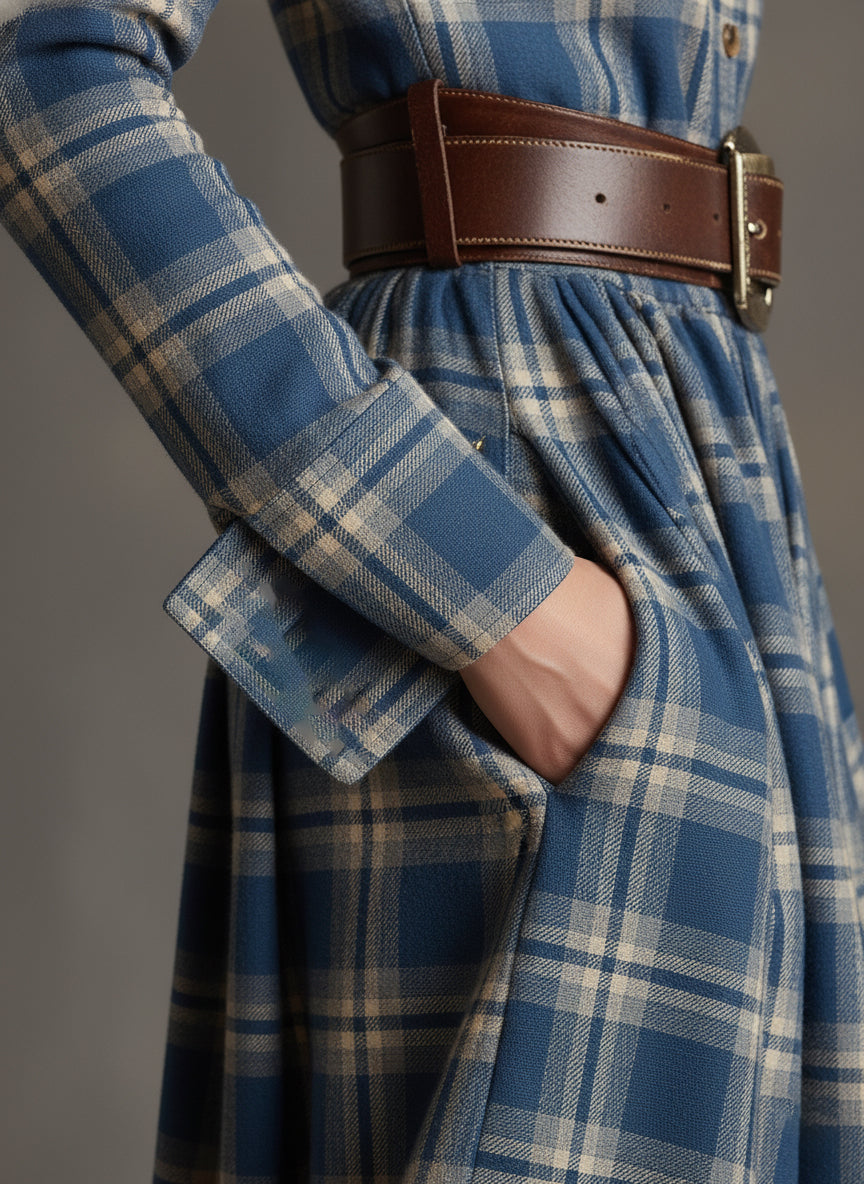 Vintage-Inspired Reddish Brown Plaid Maxi Dress with Lapel