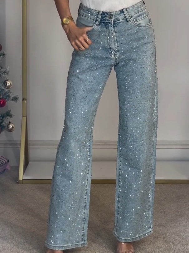 Straight Leg Jeans with High Waist and Diamanté Details