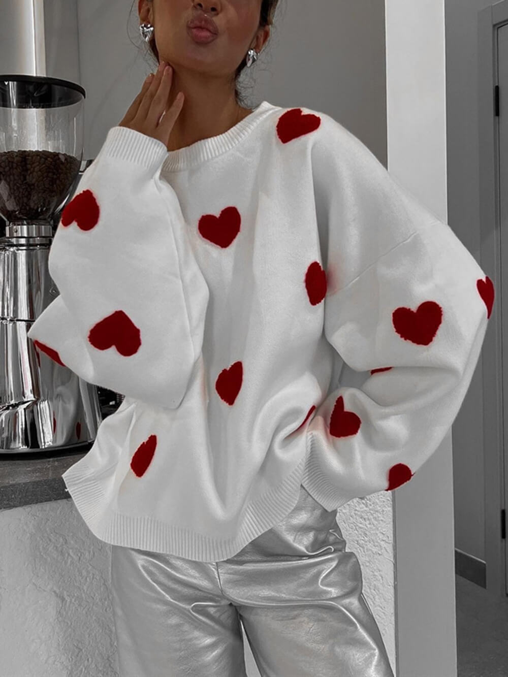 Cozy Heart Pattern Knit Sweatshirt