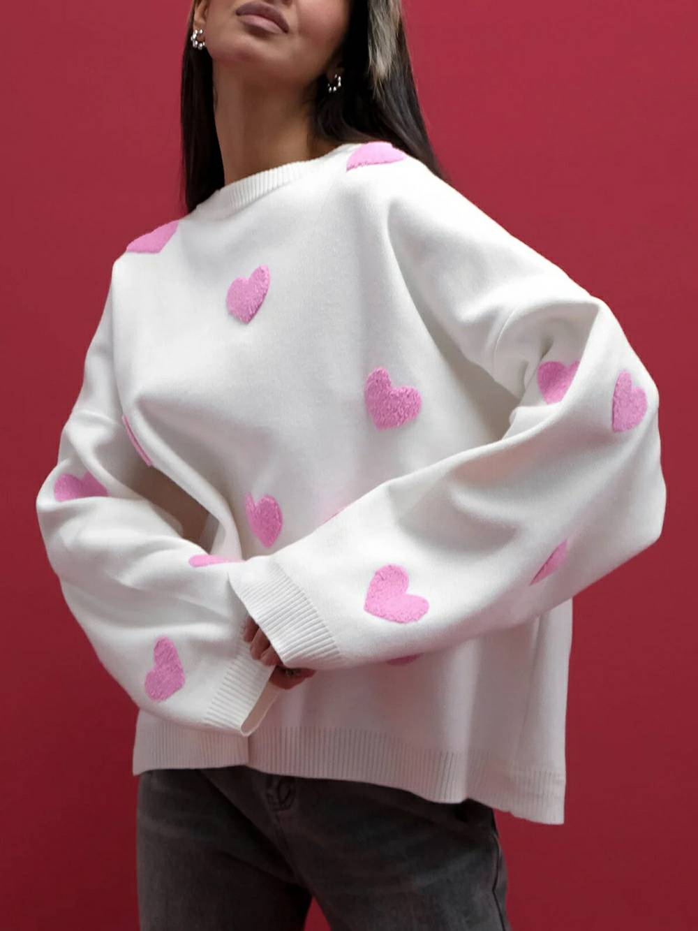Cozy Heart Pattern Knit Sweatshirt