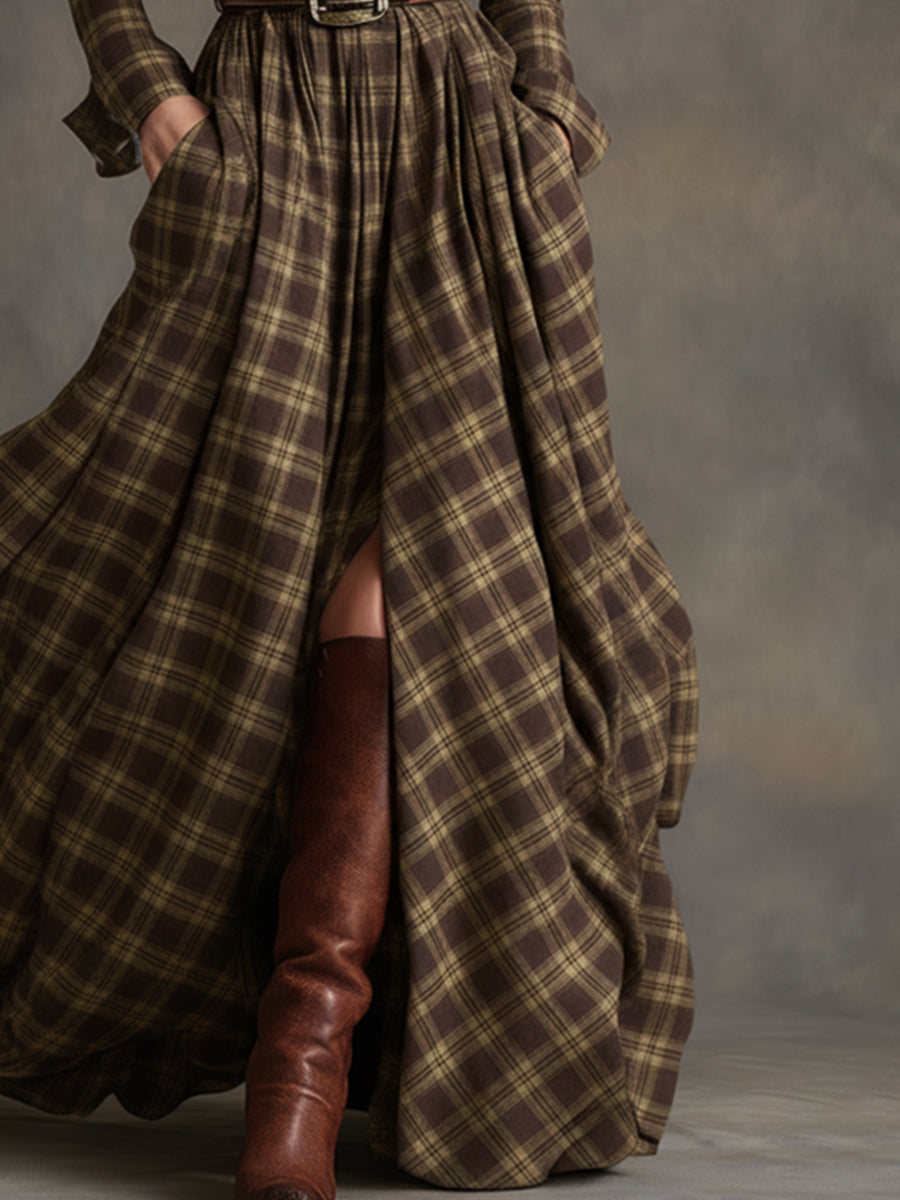 Vintage-Inspired Reddish Brown Plaid Maxi Dress with Lapel