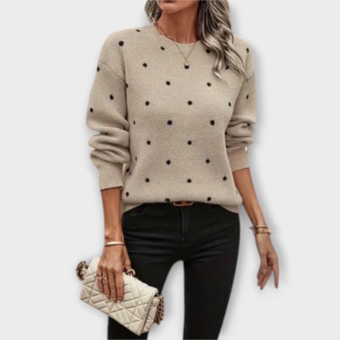 Ava - Cozy Long Sleeve Knitted Sweater with Polka Dot Design