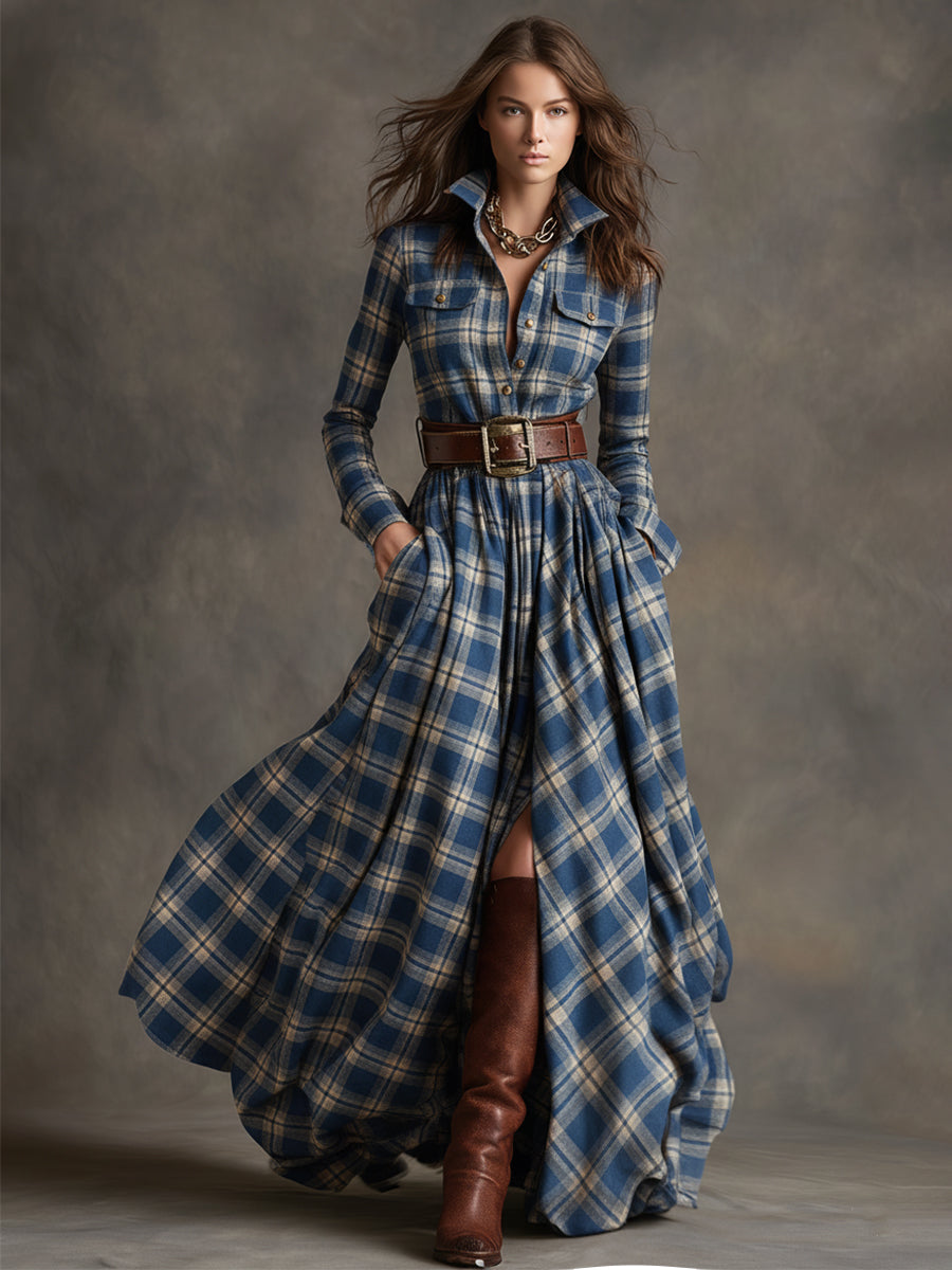 Vintage-Inspired Reddish Brown Plaid Maxi Dress with Lapel