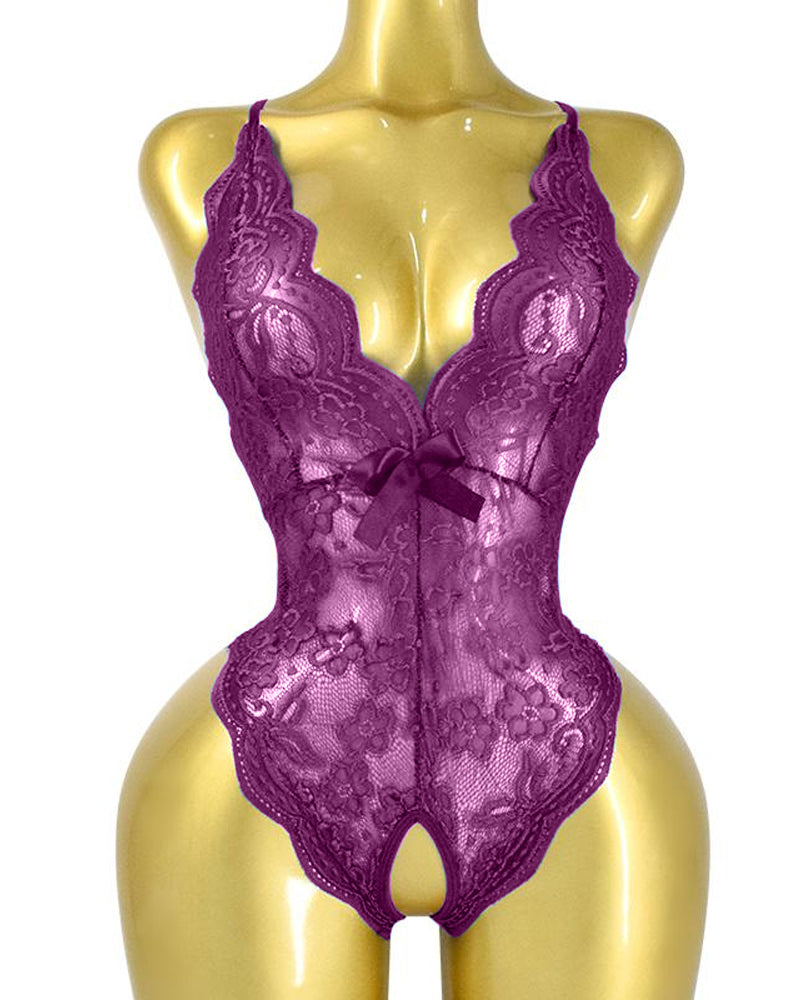 Seductive Deep V Floral Lace One-Piece Pajamas with Cross-Back and Open Crotch Design