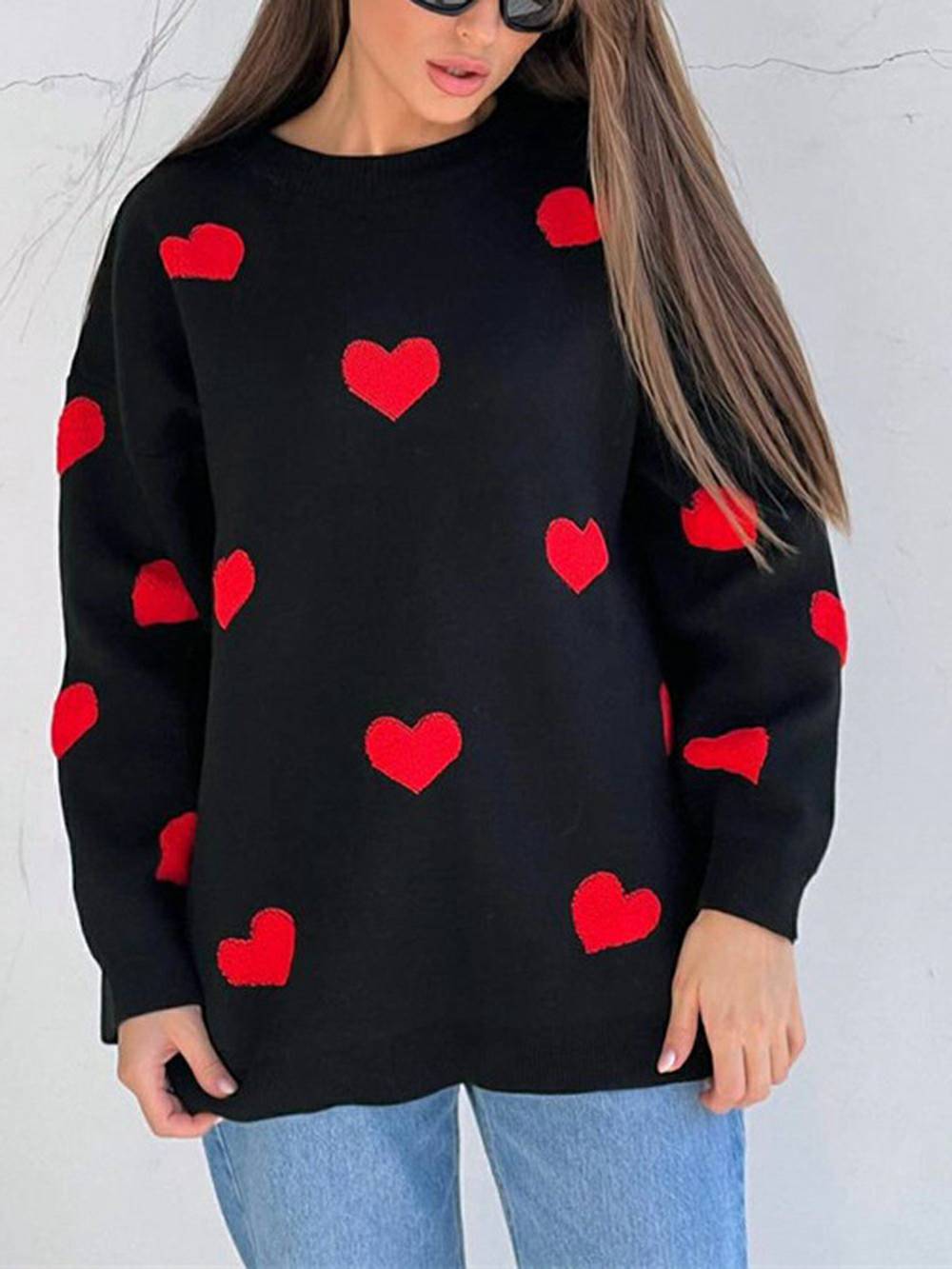 Cozy Heart Pattern Knit Sweatshirt