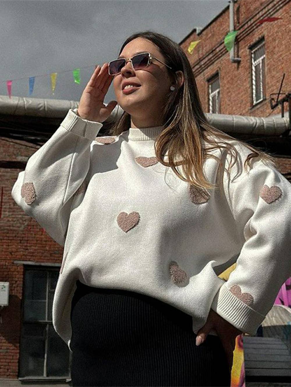 Cozy Heart Pattern Knit Sweatshirt