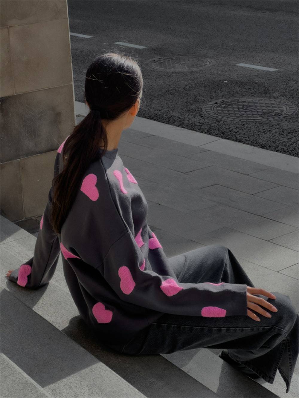 Cozy Heart Pattern Knit Sweatshirt