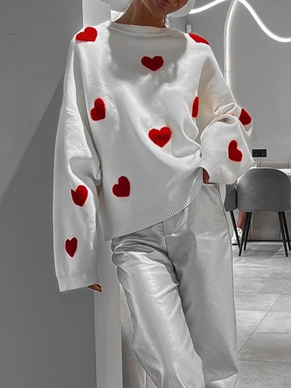 Cozy Heart Pattern Knit Sweatshirt