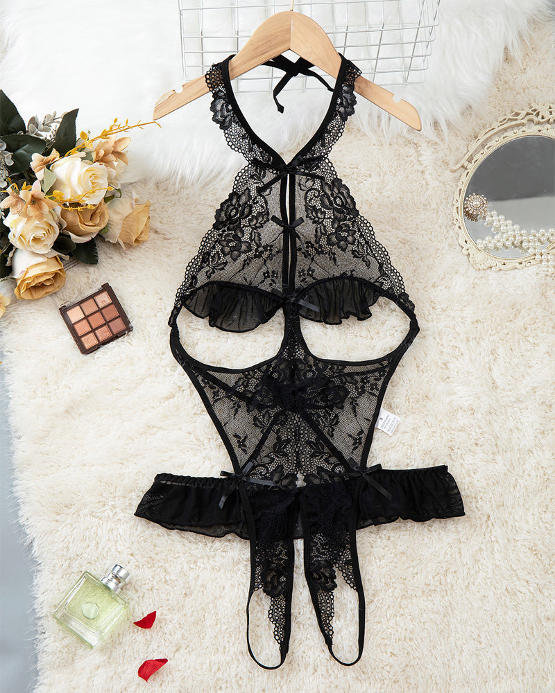 Women's Floral Lace Open Crotch Bodysuit with Sexy Hollow Back and Transparent Design