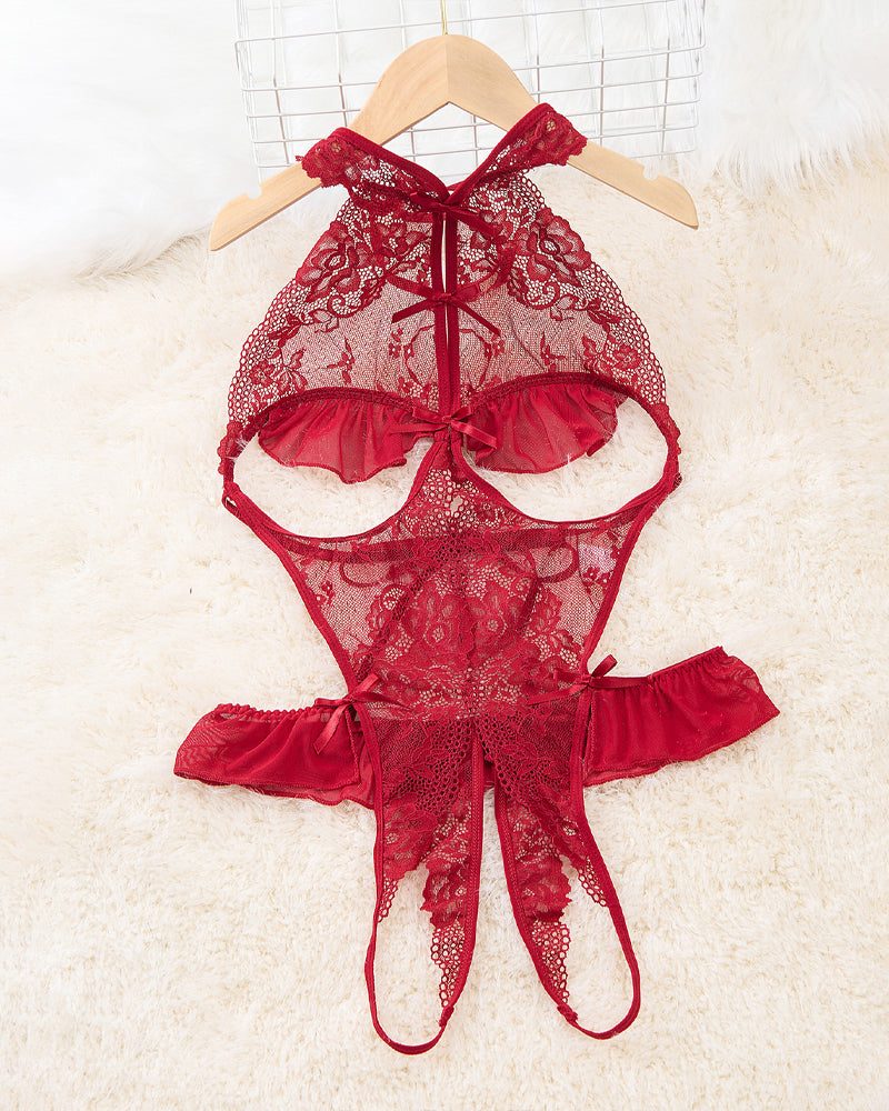 Women's Floral Lace Open Crotch Bodysuit with Sexy Hollow Back and Transparent Design