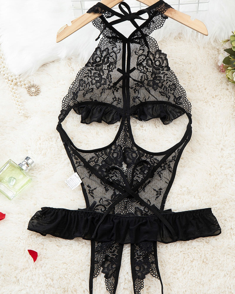 Women's Floral Lace Open Crotch Bodysuit with Sexy Hollow Back and Transparent Design