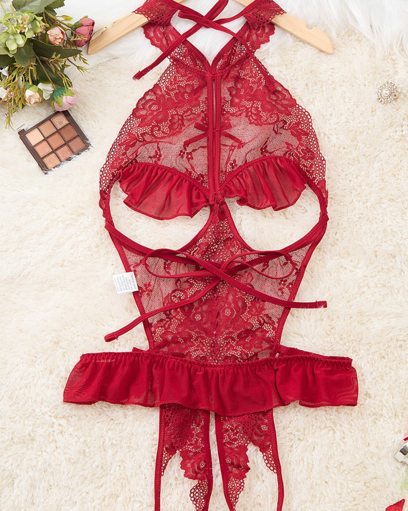 Women's Floral Lace Open Crotch Bodysuit with Sexy Hollow Back and Transparent Design