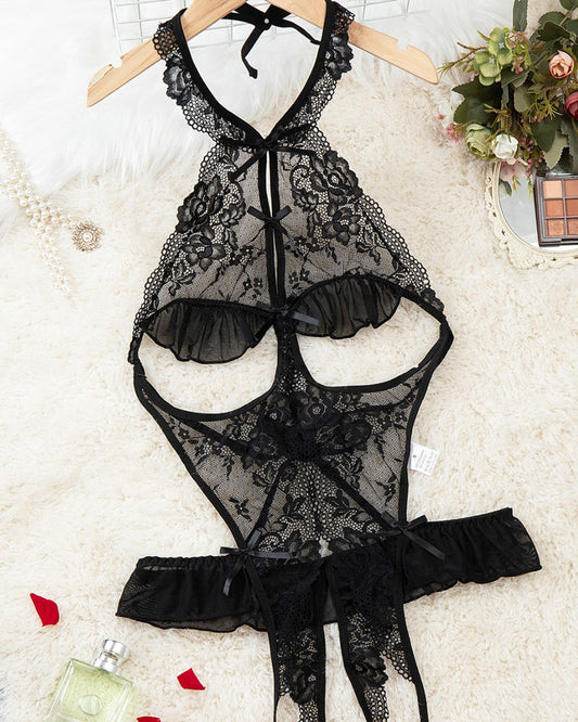 Women's Floral Lace Open Crotch Bodysuit with Sexy Hollow Back and Transparent Design