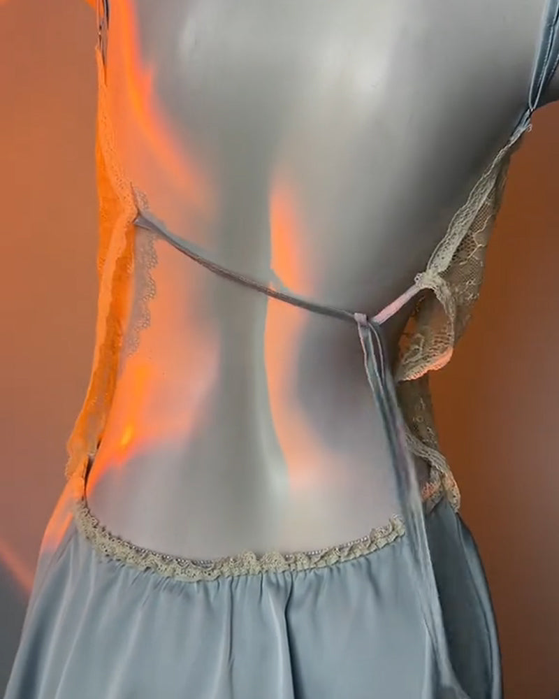 Women's V-Neck Lace Colorblock Ice Silk Bow-Accent Nightgown