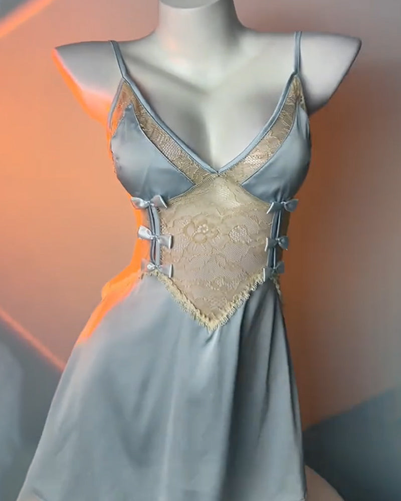 Women's V-Neck Lace Colorblock Ice Silk Bow-Accent Nightgown