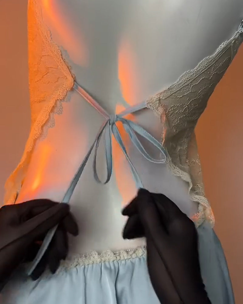 Women's V-Neck Lace Colorblock Ice Silk Bow-Accent Nightgown