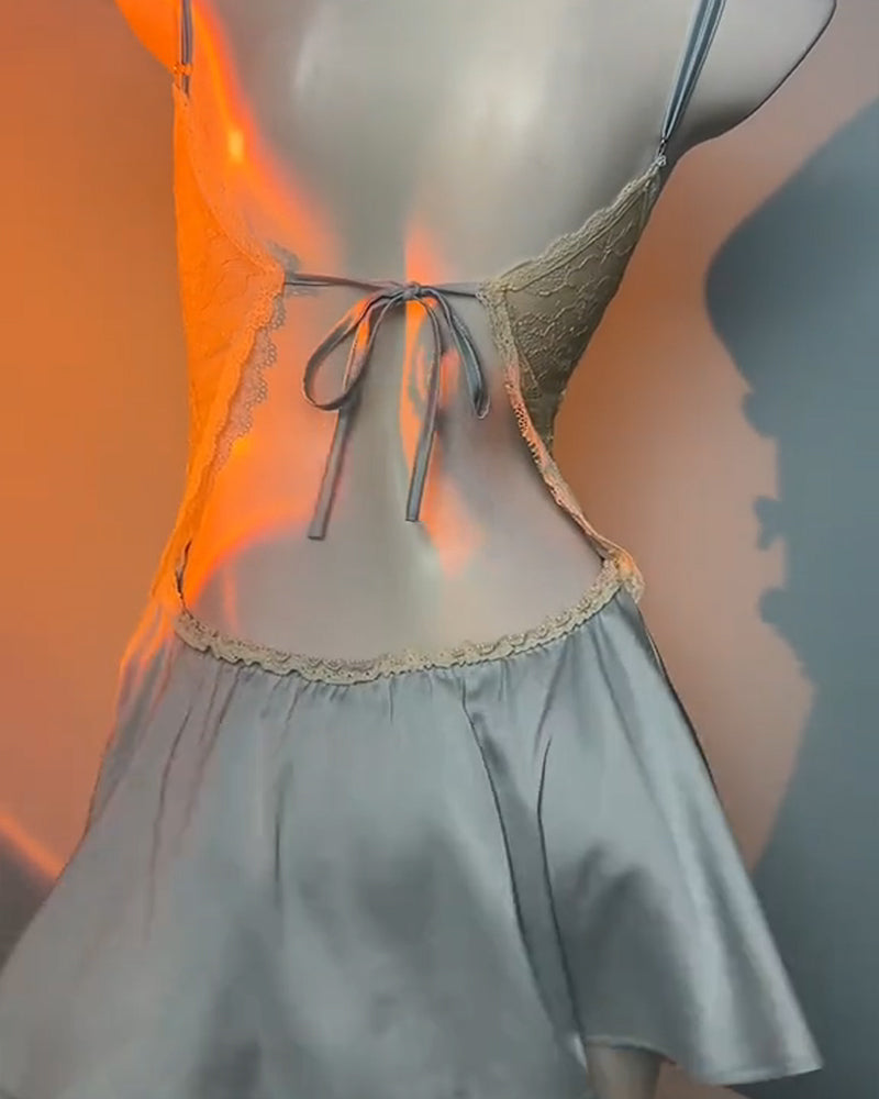 Women's V-Neck Lace Colorblock Ice Silk Bow-Accent Nightgown