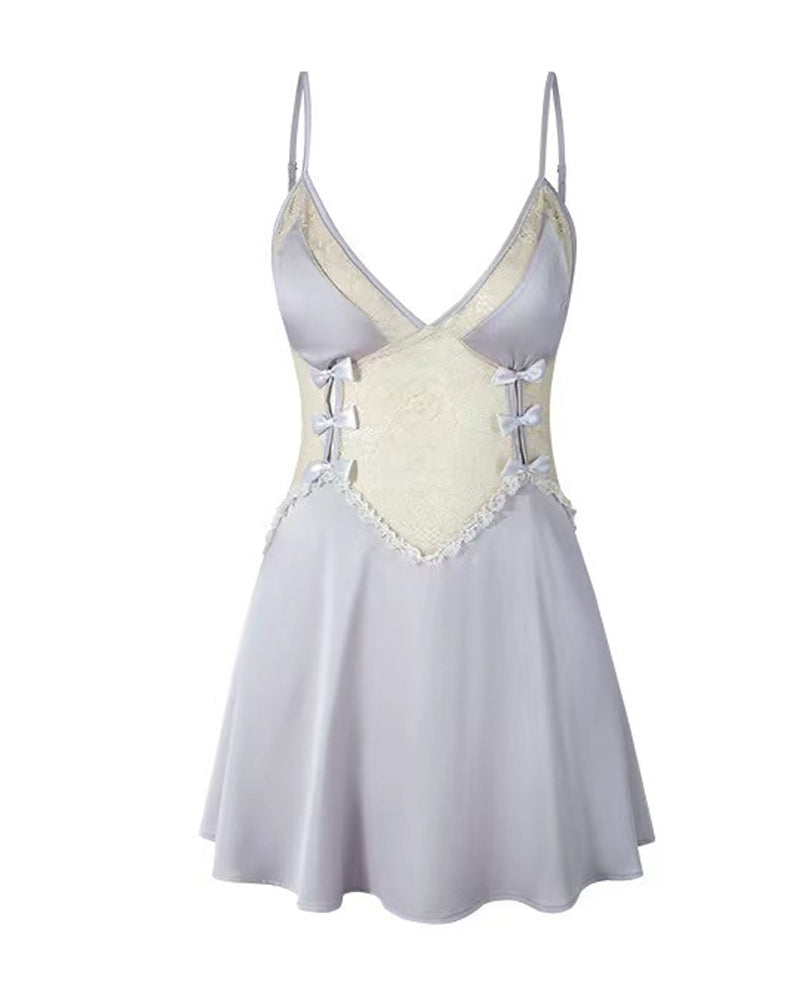 Women's V-Neck Lace Colorblock Ice Silk Bow-Accent Nightgown