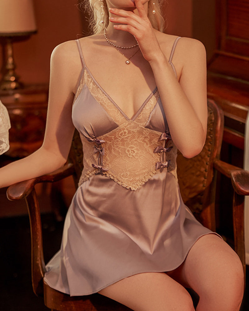 Women's V-Neck Lace Colorblock Ice Silk Bow-Accent Nightgown