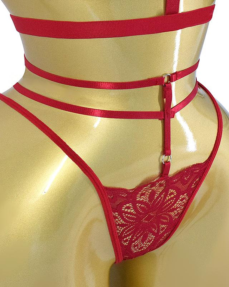 Adjustable Strap Floral Lace Bra and Thong Set for Women