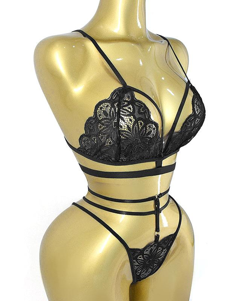 Adjustable Strap Floral Lace Bra and Thong Set for Women