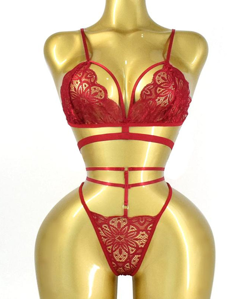 Adjustable Strap Floral Lace Bra and Thong Set for Women