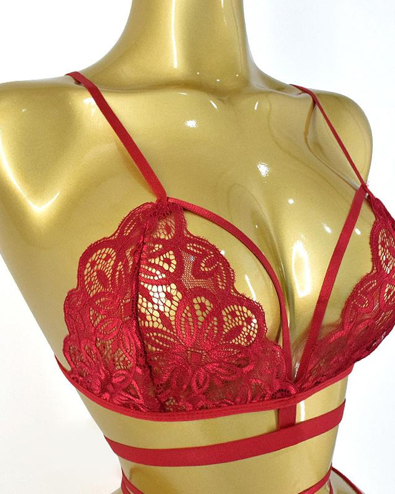 Adjustable Strap Floral Lace Bra and Thong Set for Women