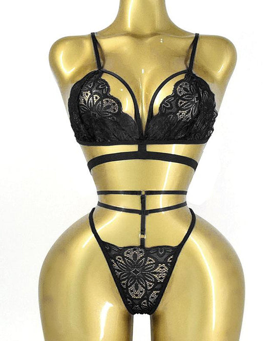 Adjustable Strap Floral Lace Bra and Thong Set for Women