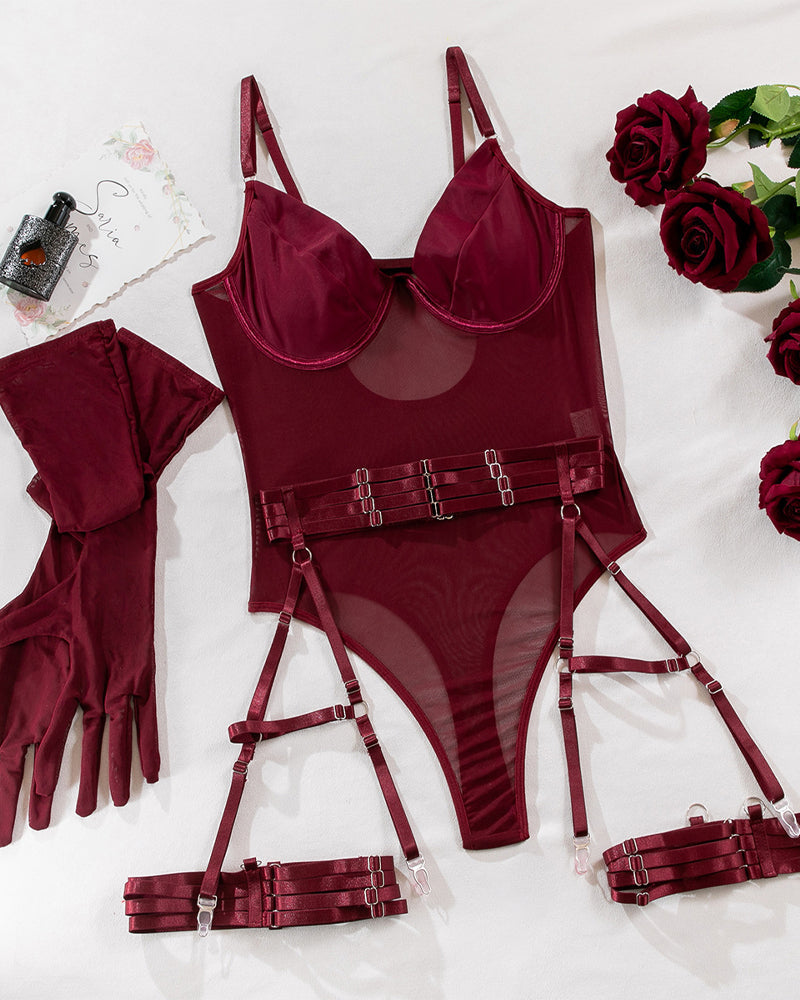 Alluring Sheer Mesh Low-Cut Bodysuit Set with Gloves - Three-Piece Ensemble