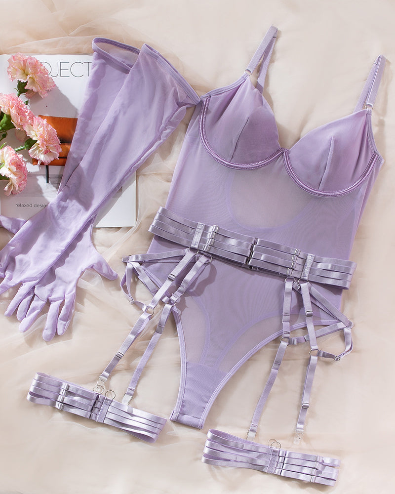 Alluring Sheer Mesh Low-Cut Bodysuit Set with Gloves - Three-Piece Ensemble