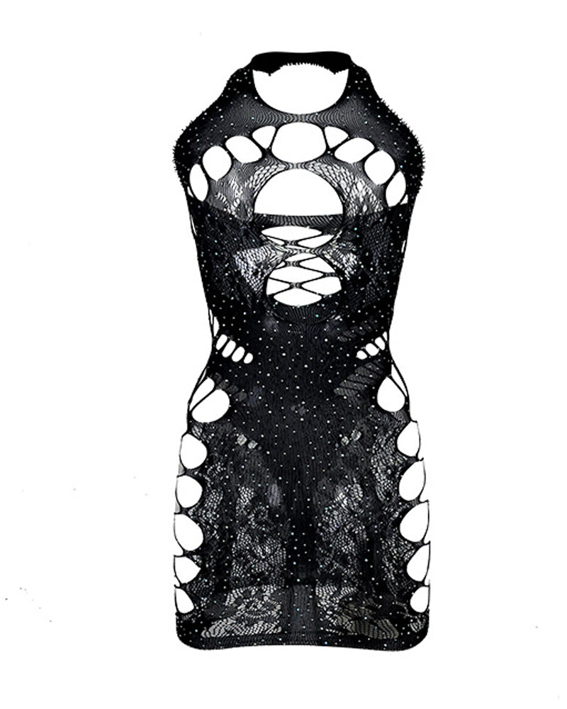 Alluring Halterneck Diamond-Embellished Sheer Backless Nightgown