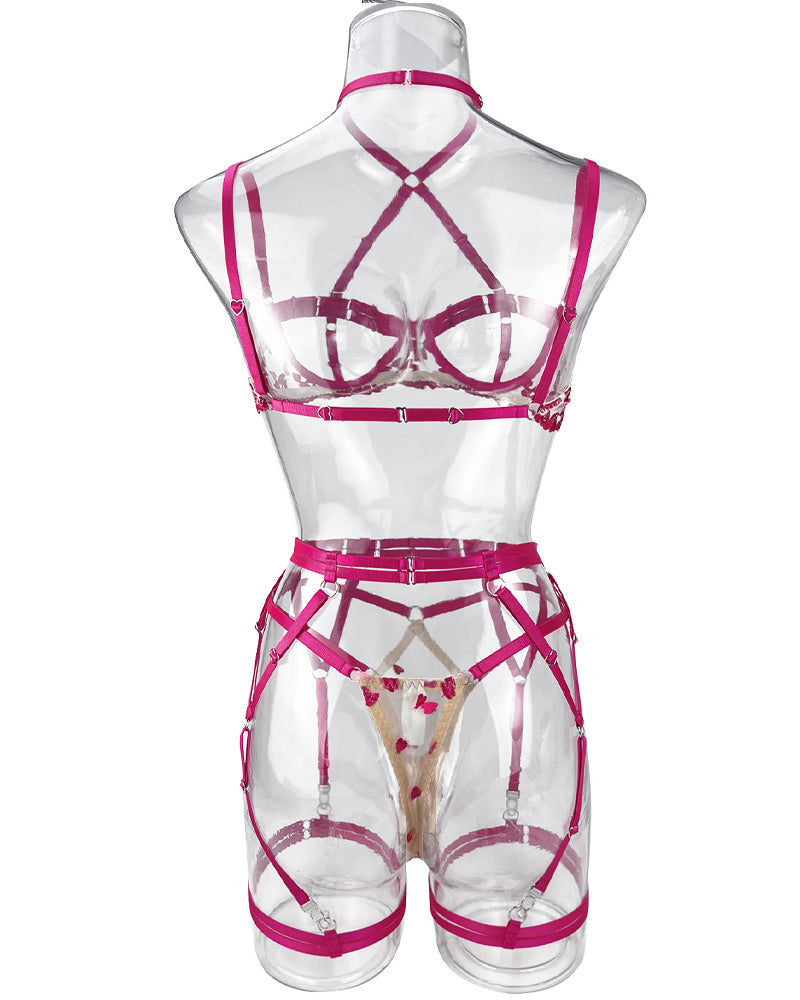 Chic Floral Lace Two-Tone Heart Detail Adjustable Strap Set