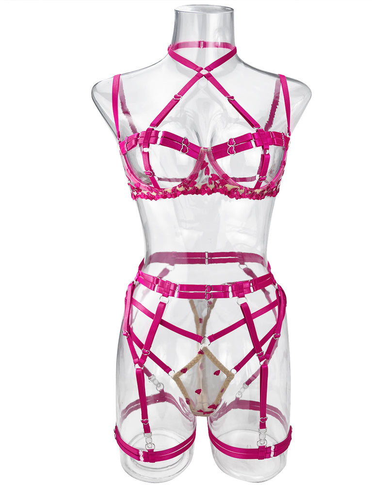 Chic Floral Lace Two-Tone Heart Detail Adjustable Strap Set