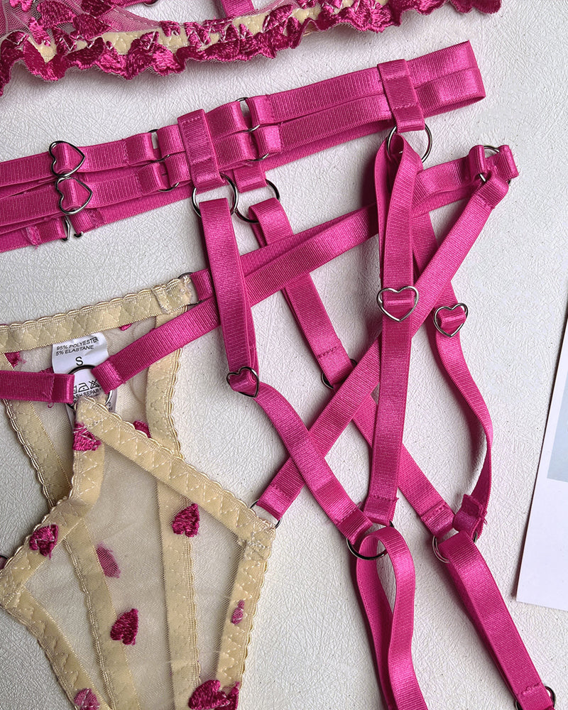 Chic Floral Lace Two-Tone Heart Detail Adjustable Strap Set