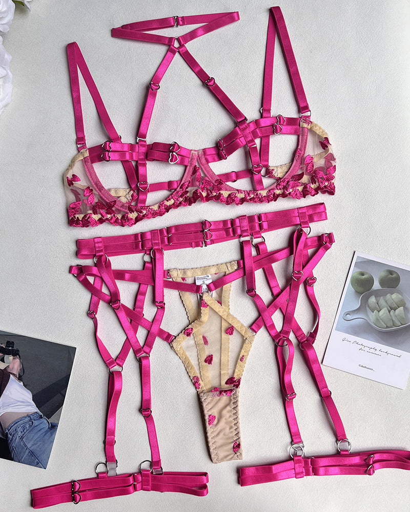 Chic Floral Lace Two-Tone Heart Detail Adjustable Strap Set