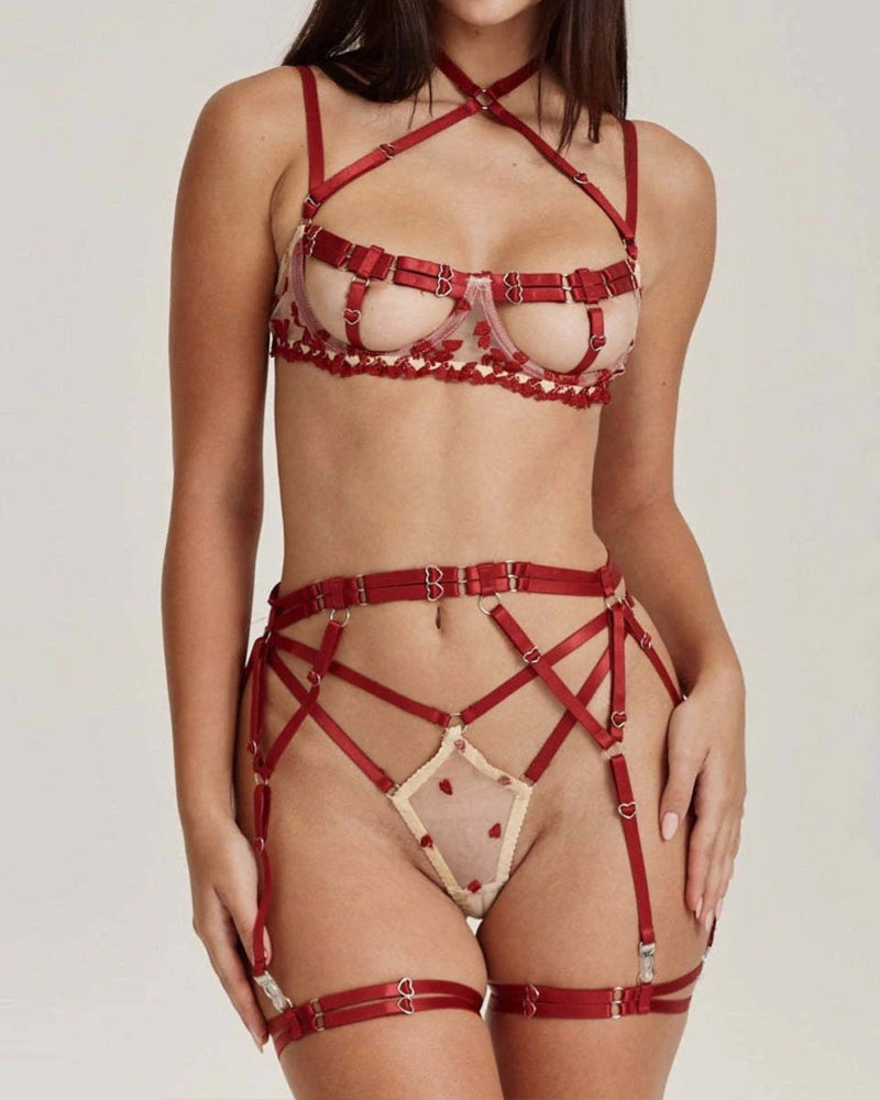 Chic Floral Lace Two-Tone Heart Detail Adjustable Strap Set