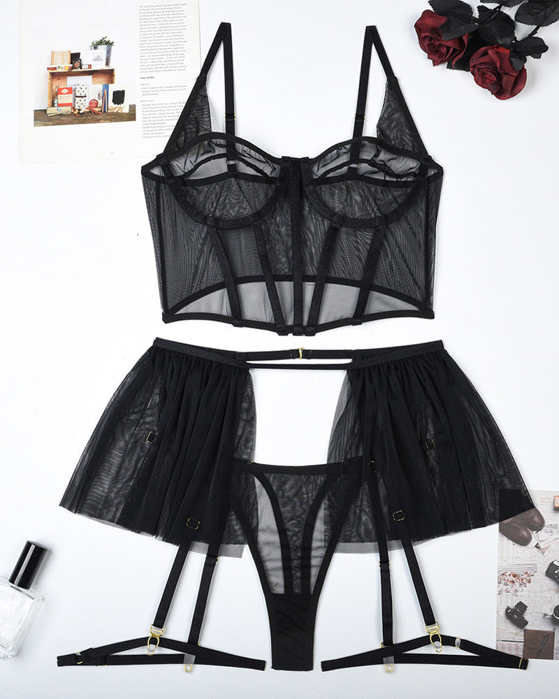 Alluring Three-Piece Sheer Mesh Pajama Set