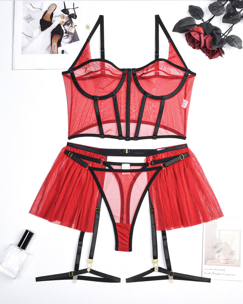 Alluring Three-Piece Sheer Mesh Pajama Set